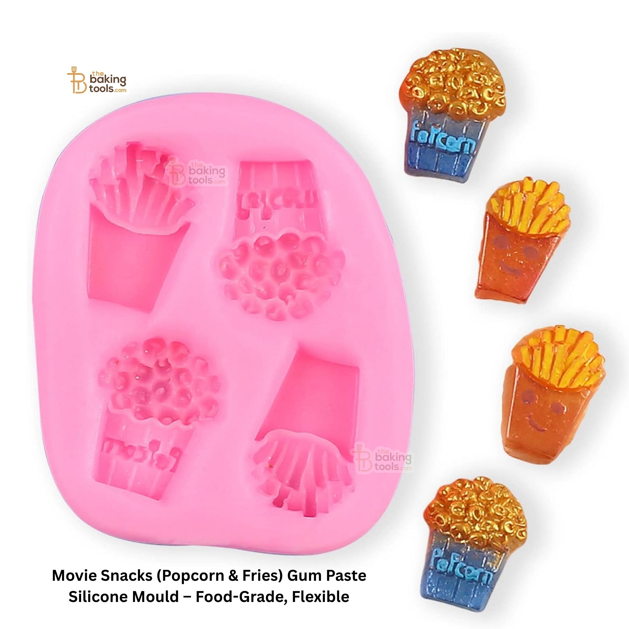 Pink silicone mold for making movie snack-themed candies on a white background